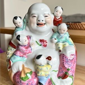 Vintage Famille Rose Laughing Buddha with Five Children